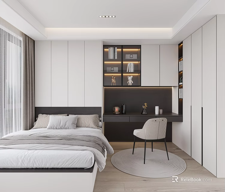 Modern Minimalist Tatami Bedroom With Platform Bed Built in Bookshelf Desk Chair And Neutral Tones 3d model 