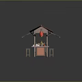 Traditional Street Food Stall Featuring Red Tile Roof Purple Awning Blue Signs And Red Lantern