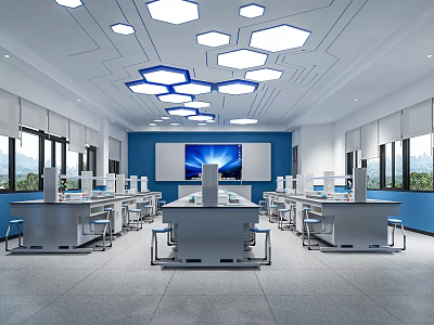 Modern Laboratory Interior With Lab Benches Chairs Hexagonal Ceiling Lights And Large Screen 3d model