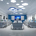 Modern Laboratory Interior With Lab Benches Chairs Hexagonal Ceiling Lights And Large Screen 3d model