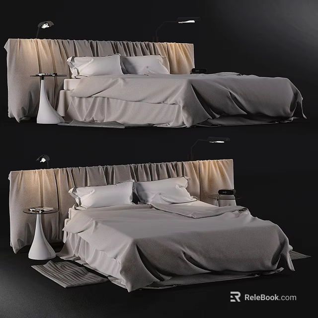 Modern Double Bed With Upholstered Headboard Bedside Lighting And Light Bedding 3d model