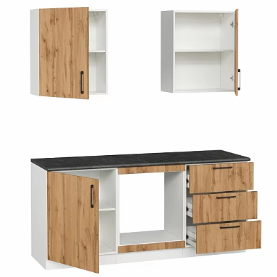 Kitchen Cabinets With Wooden Doors White Bodies And Black Countertop Design 3d model