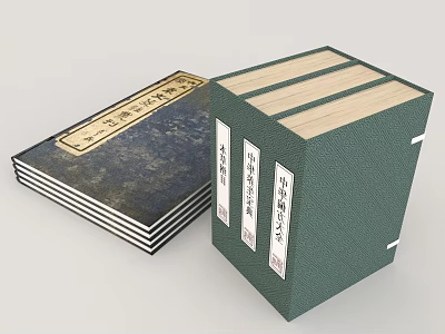 Ancient Thread Bound Books Stacked With Green Cover And Spine Labels 3d model