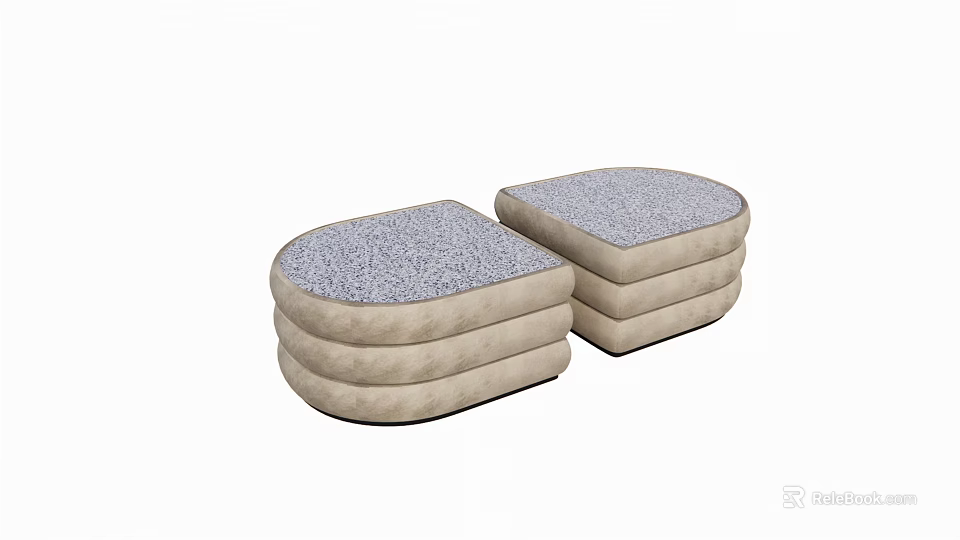 Beige Coffee Tables With Stacked Design And Gray Patterned Cushions 3d model