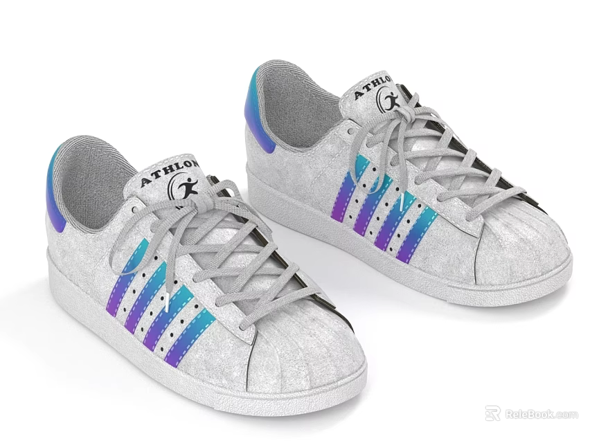 Classic Gray Lace Up Sneakers With Blue Purple Gradient Stripes And Stylish Design 3d model 