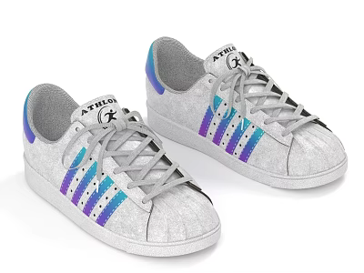 Classic Gray Lace Up Sneakers With Blue Purple Gradient Stripes And Stylish Design 3d model