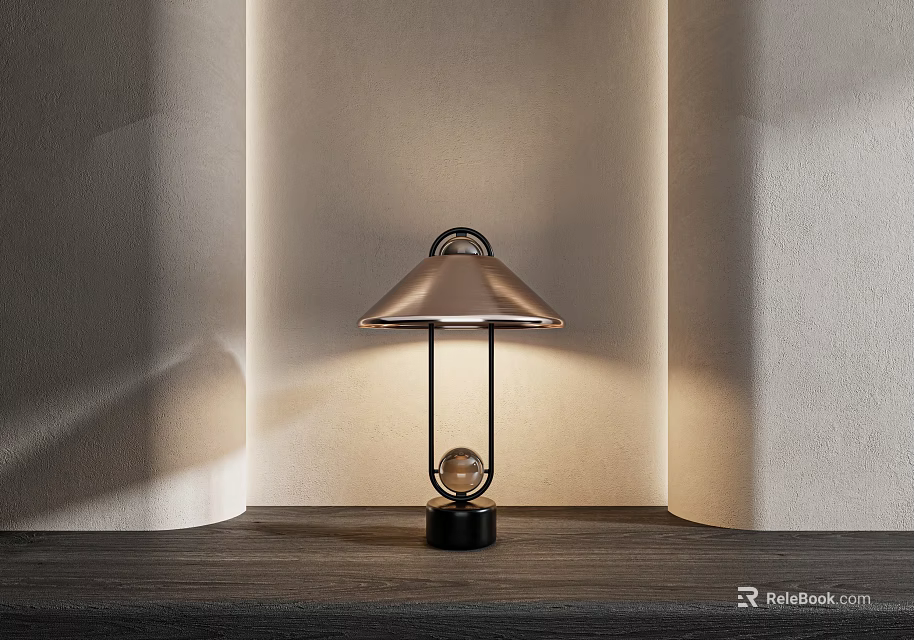 Modern Minimalist Table Lamp With Arc Shade Metal Frame And Black Base On Wooden Tabletop 3d model 