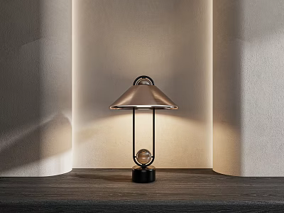 Modern Minimalist Table Lamp With Arc Shade Metal Frame And Black Base On Wooden Tabletop 3d model