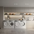 Modern Laundry Room Interior With Washing Machines Dryers Cabinets And Shelves
