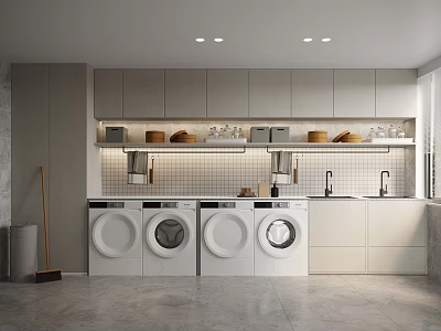 Modern Laundry Room Interior With Washing Machines Dryers Cabinets And Shelves 3d model