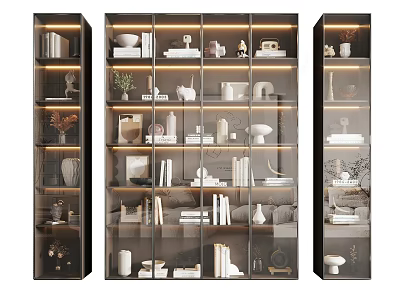Modern Display Cabinet With Glass Doors Multi Layer Shelves Built in Lighting And Decorative Items 3d model