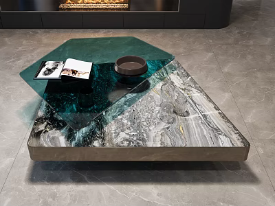 Modern Coffee Table With Green Glass And Marble Top Featuring Magazines And Bowl 3d model