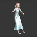 3D Girl With Orange Short Hair Light Blue Ruffled Dress Purple Shoes Dark Reflective Background