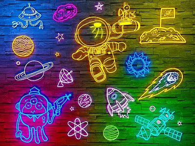 Vibrant Space Themed Neon Decorative Wall Lamp with Brick Wall Background 3d model