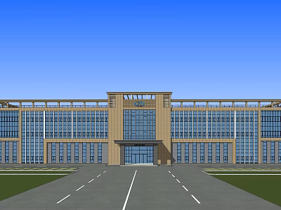 Modern Large Building Exterior Featuring Glass Curtain Wall Symmetrical Design And Front Road Green Area 3d model
