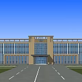Modern Large Building Exterior Featuring Glass Curtain Wall Symmetrical Design And Front Road Green Area