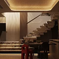 Modern Interior Staircase With Marble Steps Black And White Pattern LED Lighting Wooden Accents