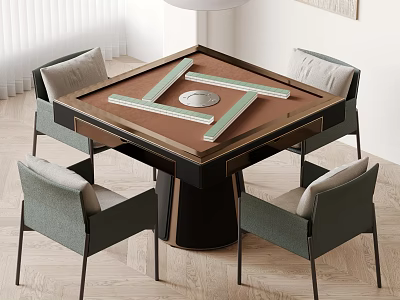 Entertainment Table Featuring Mahjong Tiles Brown Tabletop Green Center And Four Gray Chairs 3d model