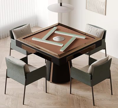 Entertainment Table Featuring Mahjong Tiles Brown Tabletop Green Center And Four Gray Chairs 3d model