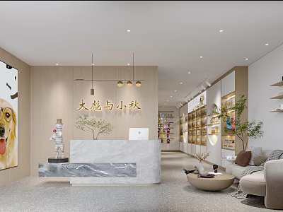 Modern Cozy Shop Front Desk With Marble Counter Sofa Plants And Shelves 3d model