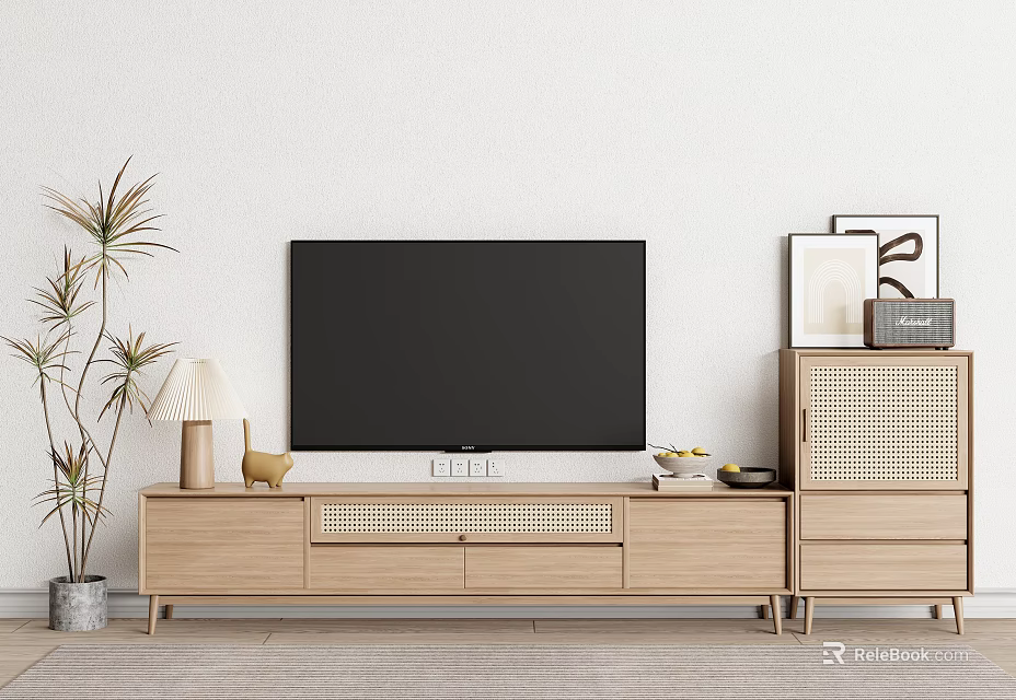 Minimalist Wooden TV Stand With Flat Screen TV Rattan Details Table Lamp And Potted Plant 3d model 