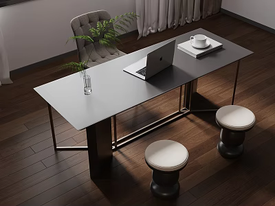Modern Gray Desk With Laptop Coffee Cup Book Green Plant And Stools 3d model