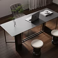 Modern Gray Desk With Laptop Coffee Cup Book Green Plant And Stools