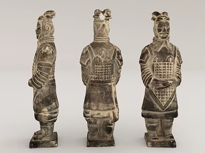 Three Ancient Terracotta Warrior Sculptures With Intricate Armor Carving Details 3d model