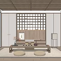 Traditional Japanese Tea Room With Wooden Ceiling Lattice Screen Tatami Mats And Tea Set