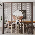 Chinese Style Room Partition With Geometric Patterns And Circular Decor In Dining Area 3d model