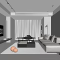 Modern Living Room Interior With Beige Sofa Black Coffee Table White Curtains And Decorative Painting
