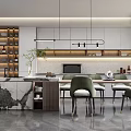 Modern Restaurant Interior With Marble Counter Green Chairs Pendant Lights And Storage Shelves