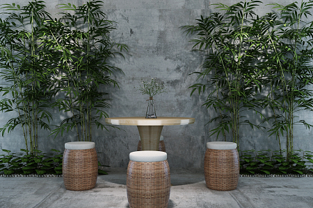 New Chinese Style Outdoor Tables and Chairs Bamboo Tables and Chairs 3d model