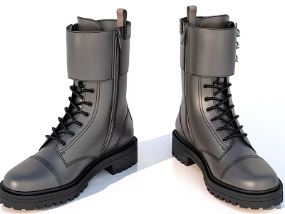 Black Leather Lace Up Boots With Side Zipper And Thick Rubber Sole 3d model