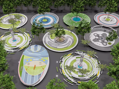 Park Landscape With Circular And Oval Design Areas Trees Fountains And Colorful Patterns 3d model
