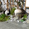 Chinese Style Garden Ornament Featuring Purple Flowering Tree Circular Wall Pond And Green Plants