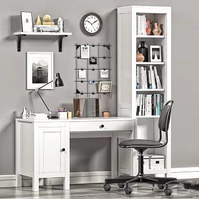 Modern Minimalist Home Office Desk And Chair Set With Bookshelves Desk Lamp And Decorations 3d model