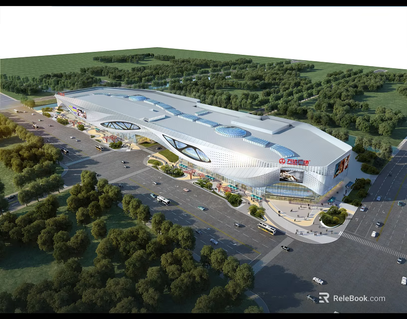 Modern Commercial Complex With Glass Facade Green Surroundings And Parking Area 3d model 
