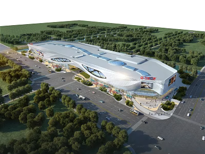 Modern Commercial Complex With Glass Facade Green Surroundings And Parking Area 3d model