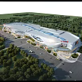 Modern Commercial Complex With Glass Facade Green Surroundings And Parking Area