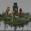 Detailed Miniature Scene Construction With Lush Green Plants Yellow Pillars Small Buildings And Signposts