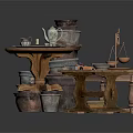 Vintage Furniture Collection With Round Wooden Table Small Table Pottery Jars Scale And Tea Set