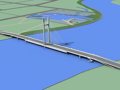 Cable Stayed Bridge Spanning River With Green Areas Surrounding Water And Road Connections 3d model