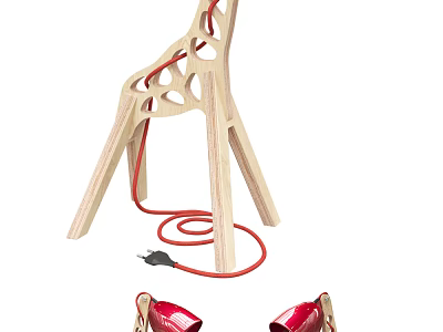 Wooden Table Lamp With Red Cable And Hollow Out Modern Design Structure 3d model