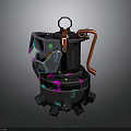 Bio Mechanical Character With Black Body Orange Accents Purple Glowing Lines Green Dots