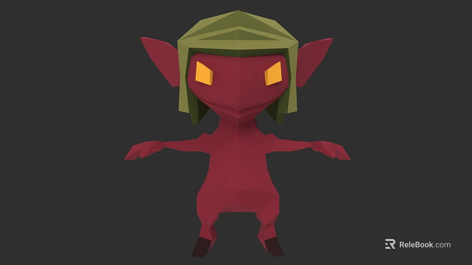 Low Poly Game Movie Character With Red Body Green Hat Pointed Ears And Yellow Eyes 3d model 