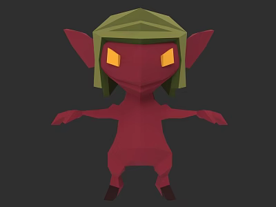 Low Poly Game Movie Character With Red Body Green Hat Pointed Ears And Yellow Eyes 3d model