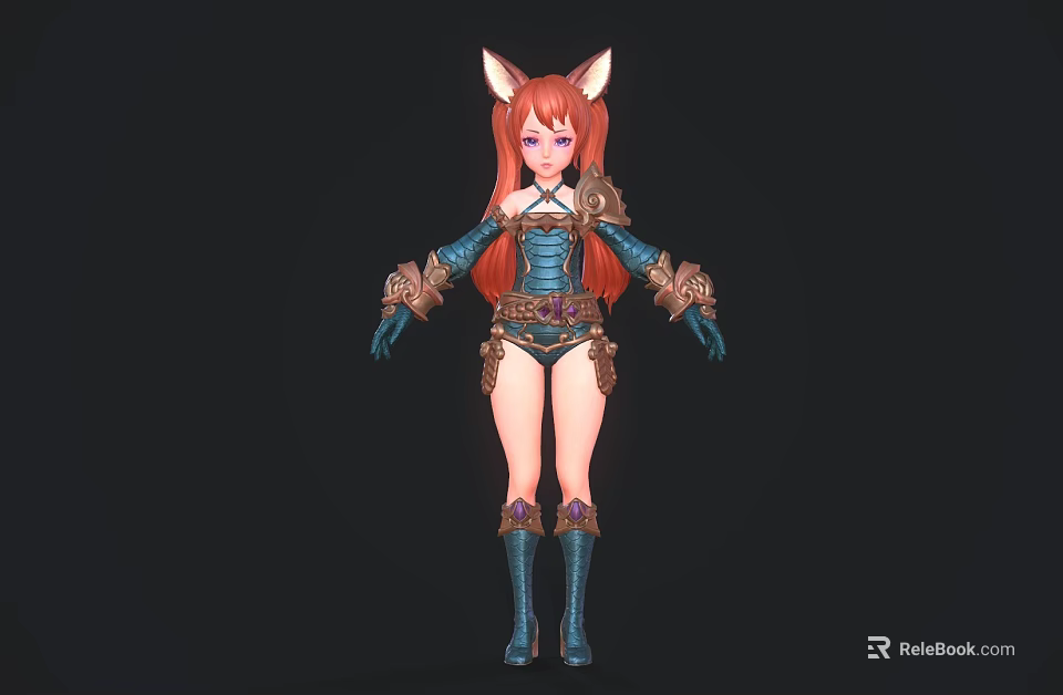 Fox Eared Female Character in Blue Outfit with Red Hair and Armor Details 3d model 