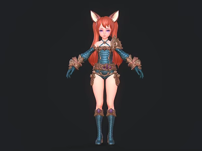 Fox Eared Female Character in Blue Outfit with Red Hair and Armor Details 3d model