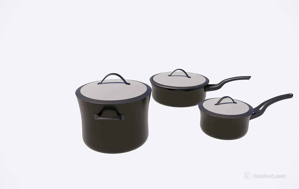 Black Cookware Set With Lids And Handles For Kitchen Cooking 3d model 